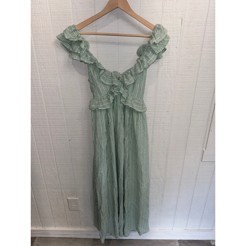 Meet Me In Santorini Maxi Dress Womens Green White Striped Ruffle Tie Back S